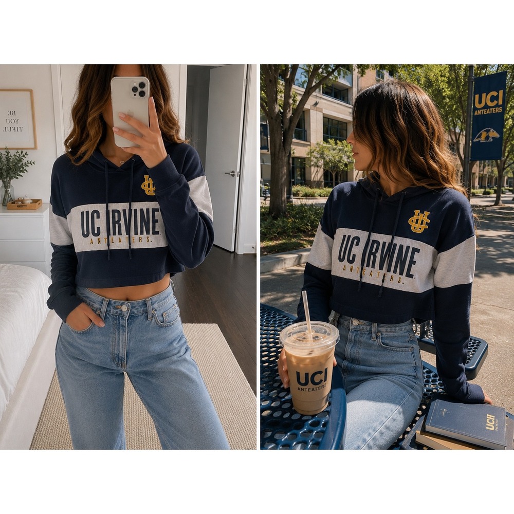 VTG Champion Reverse Weave UC Irvine Anteaters Cropped Hoodie Navy Sz‎ S College
